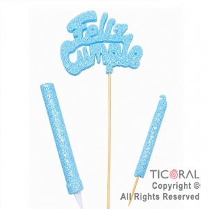 ADORNO DE TORTA SET FELIZ CUMPLE CON BENGALA Y VELA 9 CM GIBRE CELESTE x 1